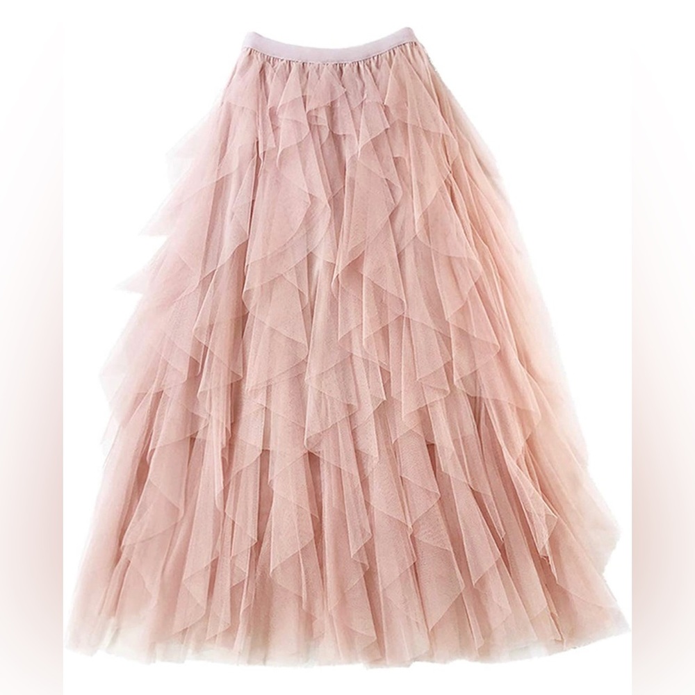 Tiered Tulle Pink Midi Skirt